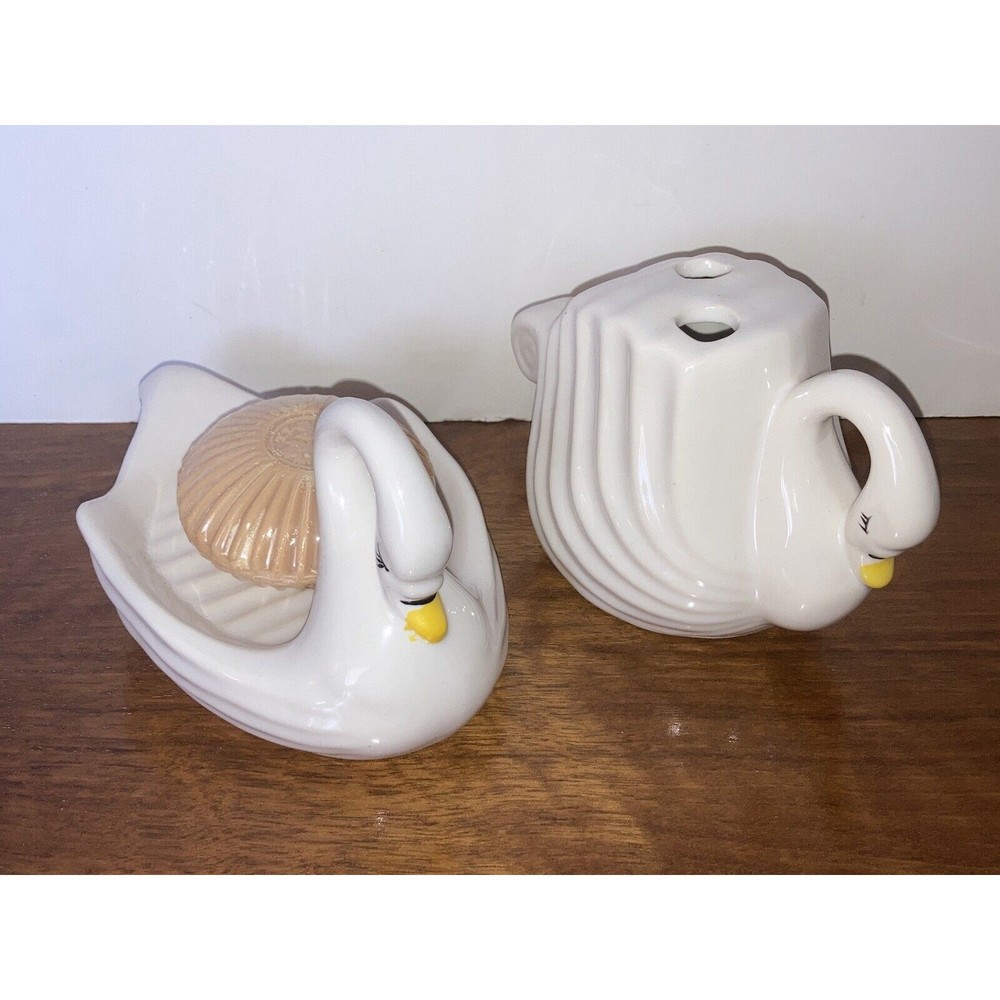 VTG Set Swan Soap Dish Toothbrush Holder MCM Ceramic